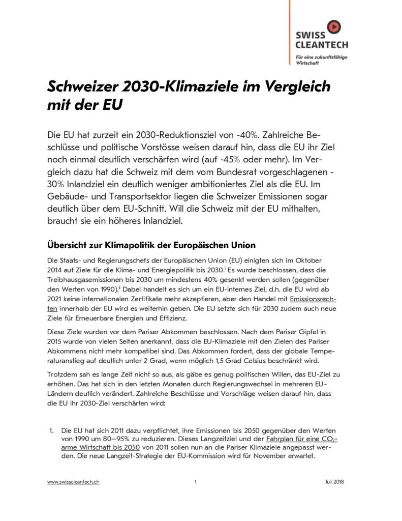 Co2 Gesetz Schweizer 30 Klimaziele Im Vergleich Mit Der Eu Swisscleantech